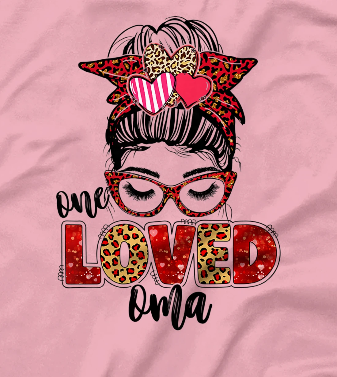 Womens One Loved Oma Leopard Messy Bun Valentine's Day T-Shirt, Kid T-Shirt and Women T-Shirt