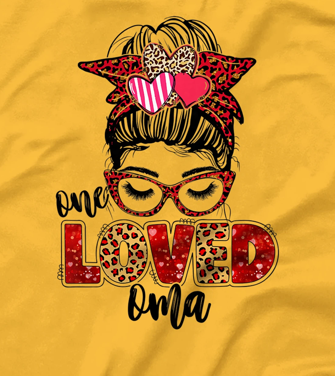 Womens One Loved Oma Leopard Messy Bun Valentine's Day T-Shirt, Kid T-Shirt and Women T-Shirt