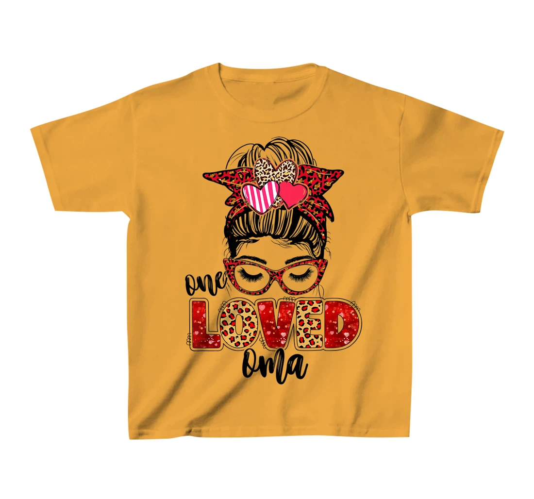 Womens One Loved Oma Leopard Messy Bun Valentine's Day T-Shirt, Kid T-Shirt and Women T-Shirt