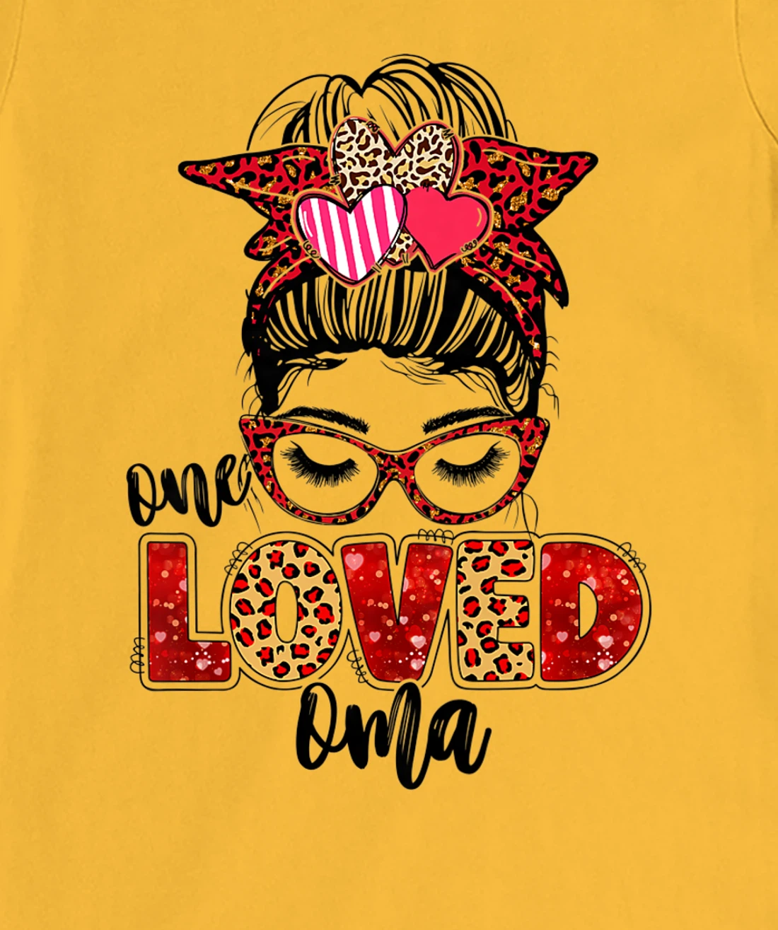 Womens One Loved Oma Leopard Messy Bun Valentine's Day T-Shirt, Kid T-Shirt and Women T-Shirt