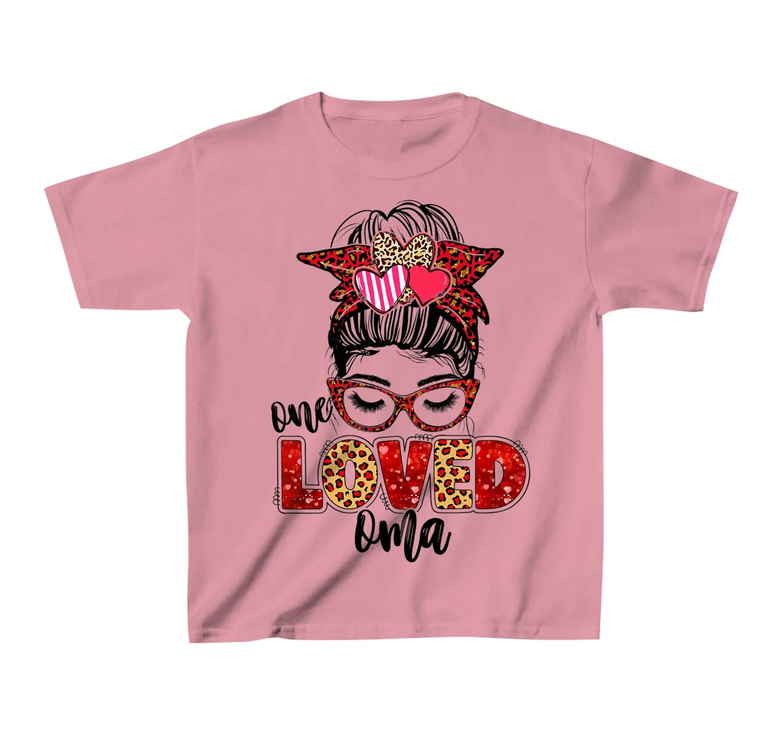 Womens One Loved Oma Leopard Messy Bun Valentine's Day T-Shirt, Kid T-Shirt and Women T-Shirt