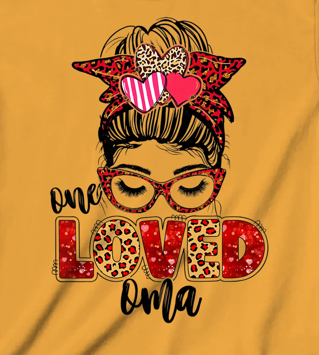 Womens One Loved Oma Leopard Messy Bun Valentine's Day T-Shirt, Kid T-Shirt and Women T-Shirt