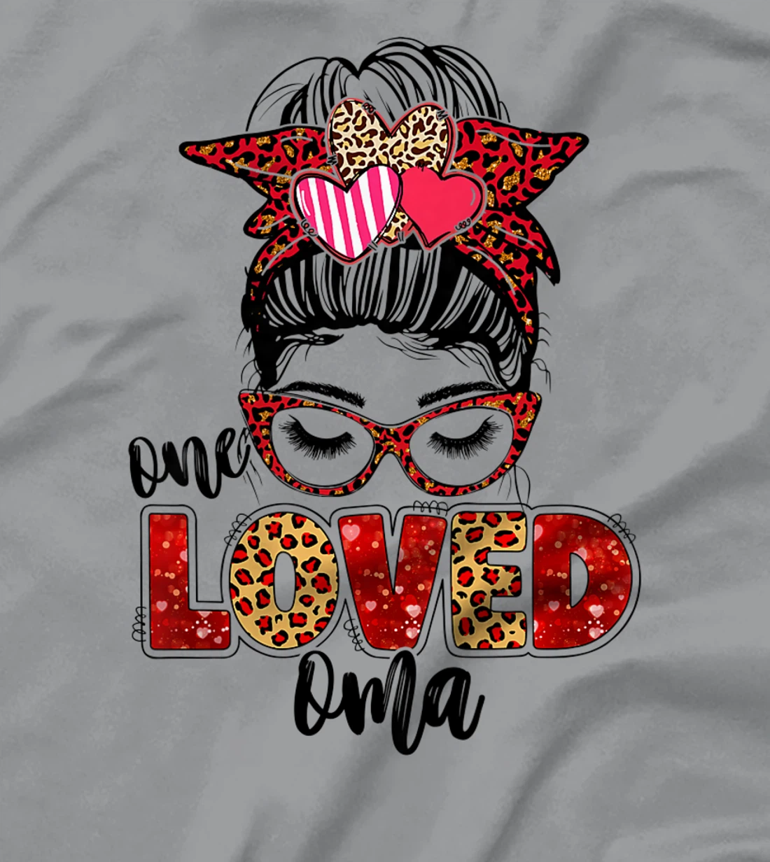 Womens One Loved Oma Leopard Messy Bun Valentine's Day T-Shirt, Kid T-Shirt and Women T-Shirt