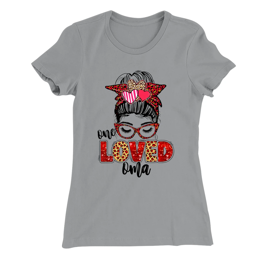 Womens One Loved Oma Leopard Messy Bun Valentine's Day T-Shirt, Kid T-Shirt and Women T-Shirt