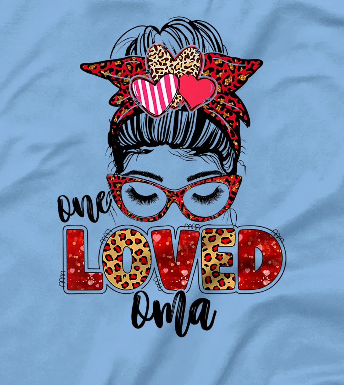 Womens One Loved Oma Leopard Messy Bun Valentine's Day T-Shirt, Kid T-Shirt and Women T-Shirt