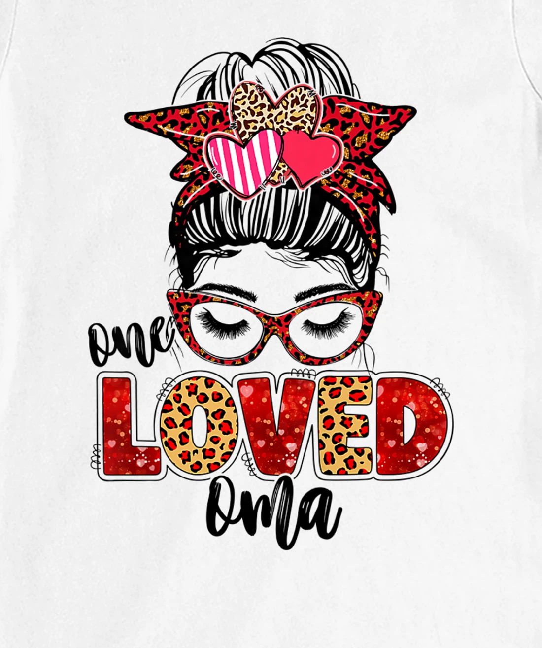 Womens One Loved Oma Leopard Messy Bun Valentine's Day T-Shirt, Kid T-Shirt and Women T-Shirt