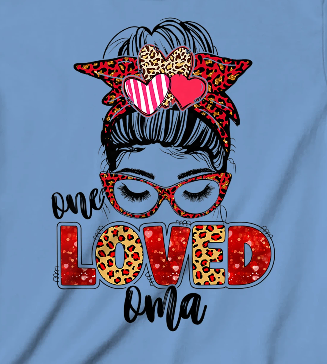 Womens One Loved Oma Leopard Messy Bun Valentine's Day T-Shirt, Kid T-Shirt and Women T-Shirt