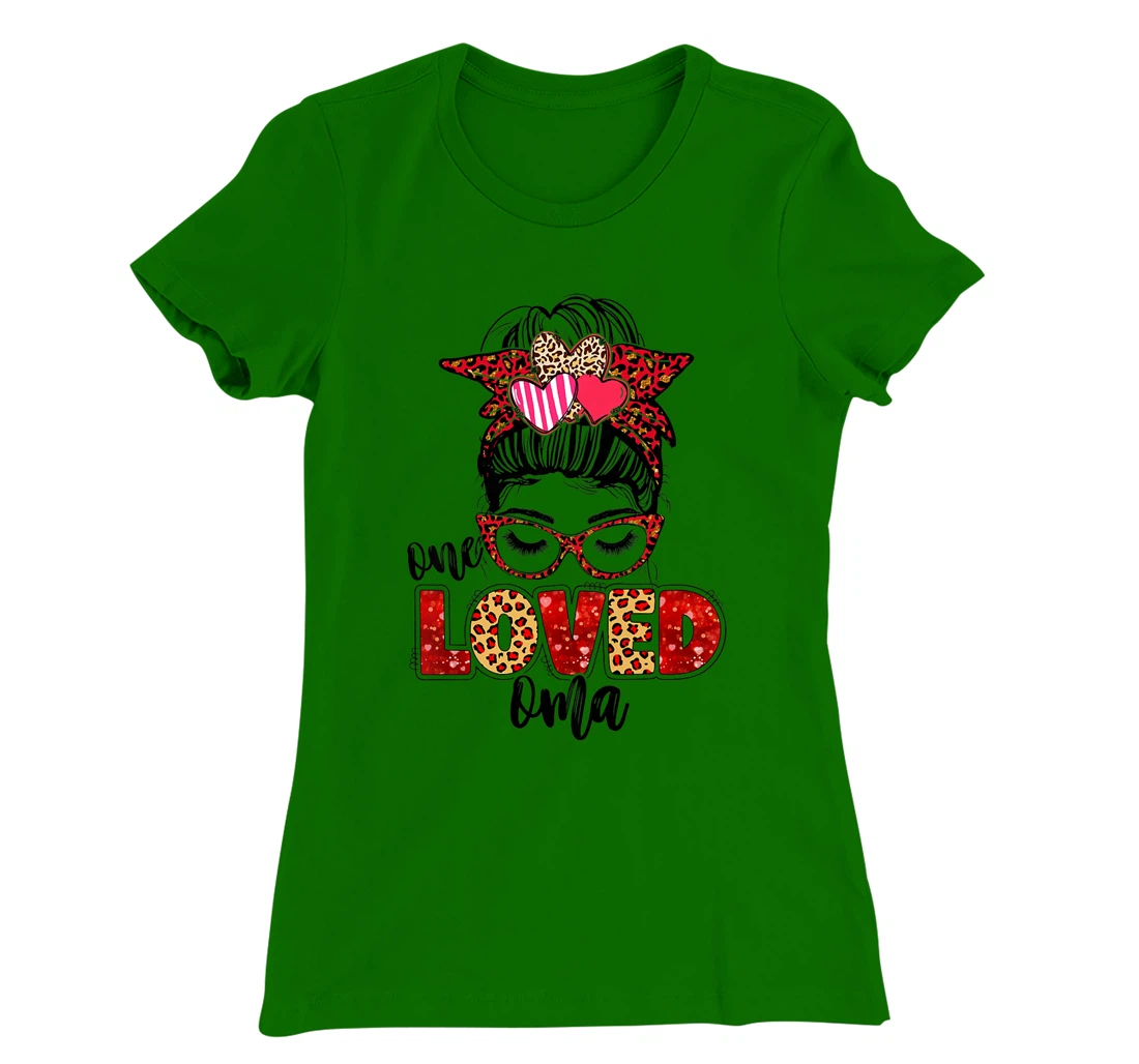 Womens One Loved Oma Leopard Messy Bun Valentine's Day T-Shirt, Kid T-Shirt and Women T-Shirt