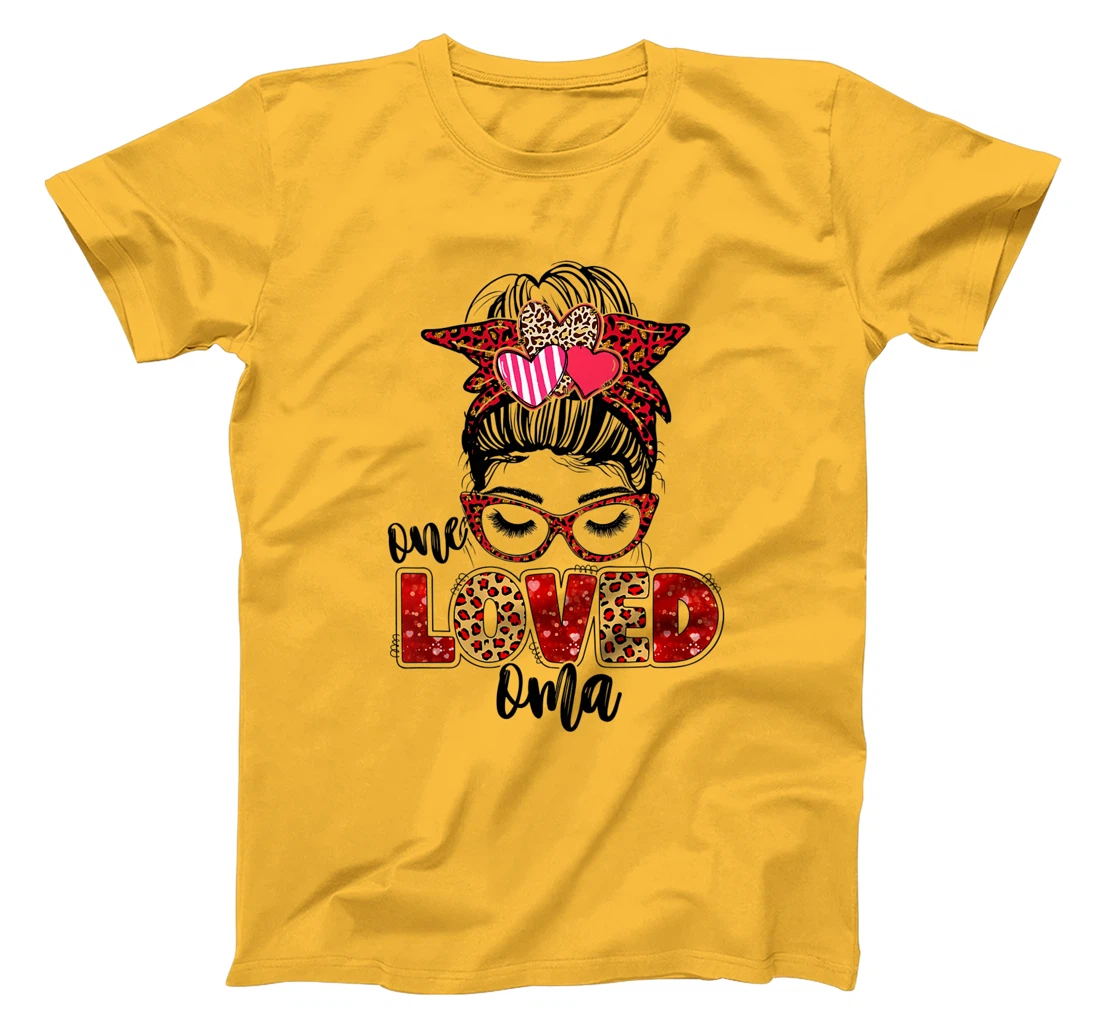 Womens One Loved Oma Leopard Messy Bun Valentine's Day T-Shirt, Kid T-Shirt and Women T-Shirt