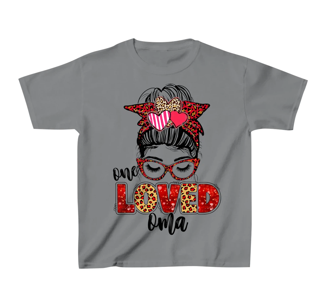 Womens One Loved Oma Leopard Messy Bun Valentine's Day T-Shirt, Kid T-Shirt and Women T-Shirt