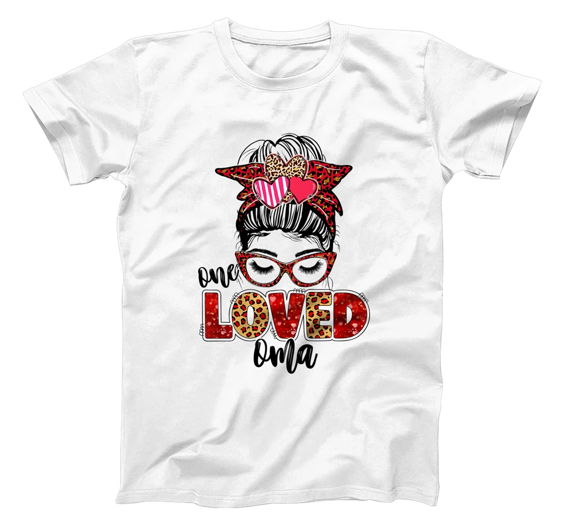 Womens One Loved Oma Leopard Messy Bun Valentine's Day T-Shirt, Kid T-Shirt and Women T-Shirt