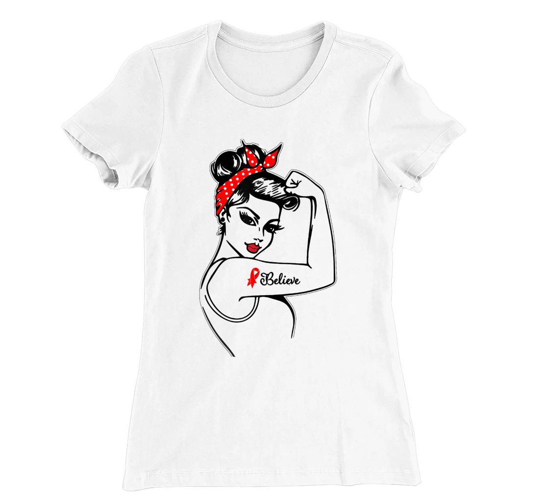 Womens Red Ribbon Believe Strong Women Support Aids/Hiv Warrior T-Shirt, Kid T-Shirt and Women T-Shirt