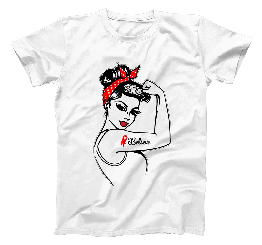 Womens Red Ribbon Believe Strong Women Support Aids/Hiv Warrior T-Shirt, Kid T-Shirt and Women T-Shirt