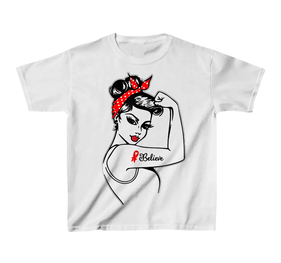 Womens Red Ribbon Believe Strong Women Support Aids/Hiv Warrior T-Shirt, Kid T-Shirt and Women T-Shirt