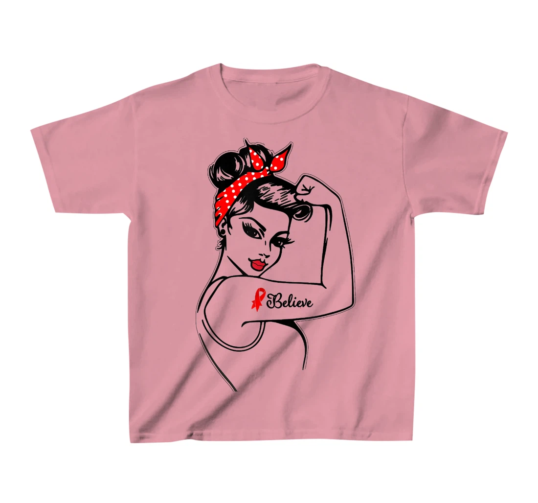 Womens Red Ribbon Believe Strong Women Support Aids/Hiv Warrior T-Shirt, Kid T-Shirt and Women T-Shirt