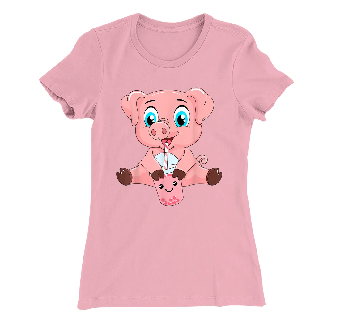 Womens Kawaii Bubble Tea Pig Lovers Funny Boba T-Shirt, Kid T-Shirt and Women T-Shirt
