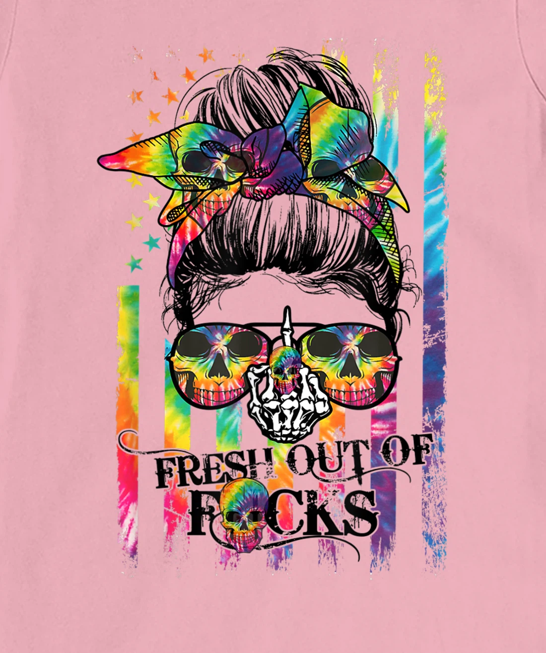Womens Tie Dye Skull Messy bun T-Shirt, Women T-Shirt