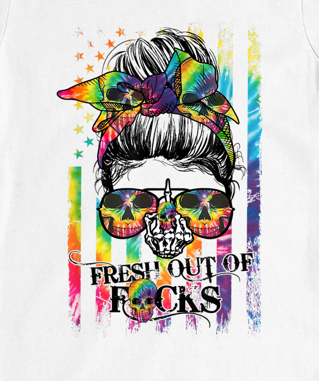 Womens Tie Dye Skull Messy bun T-Shirt, Women T-Shirt