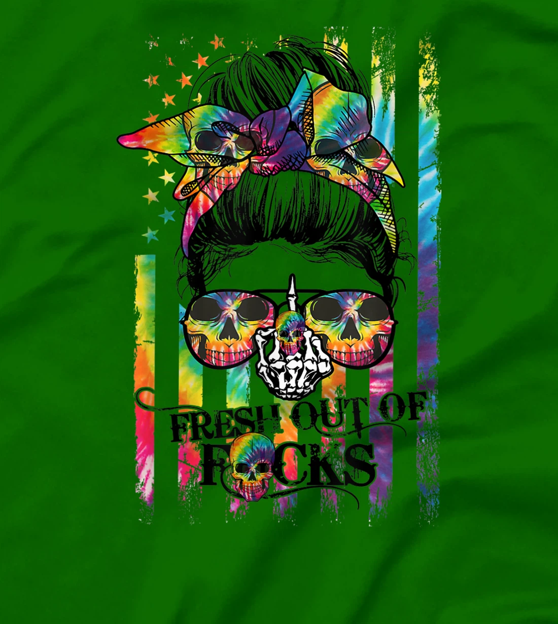 Womens Tie Dye Skull Messy bun T-Shirt, Women T-Shirt