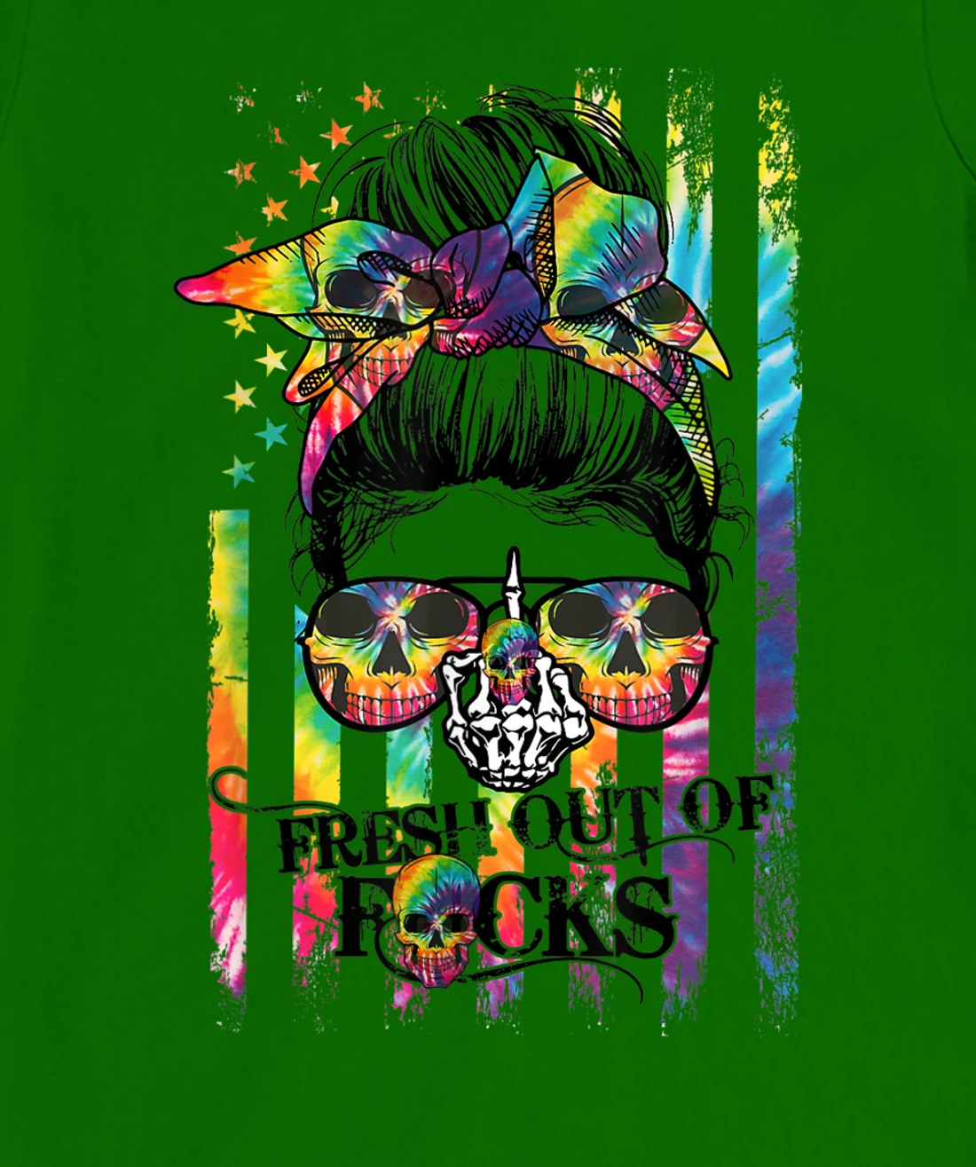 Womens Tie Dye Skull Messy bun T-Shirt, Women T-Shirt
