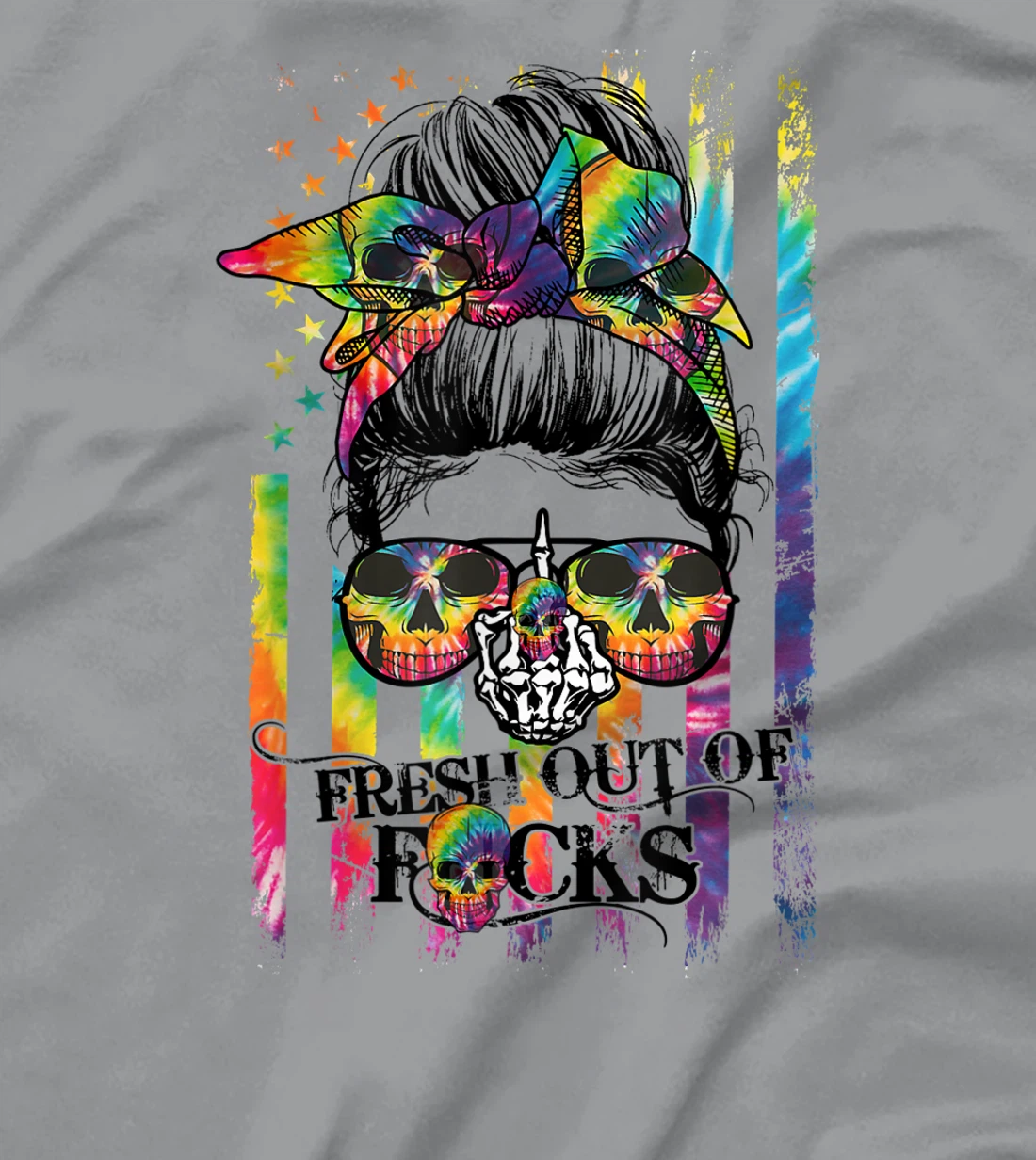 Womens Tie Dye Skull Messy bun T-Shirt, Women T-Shirt