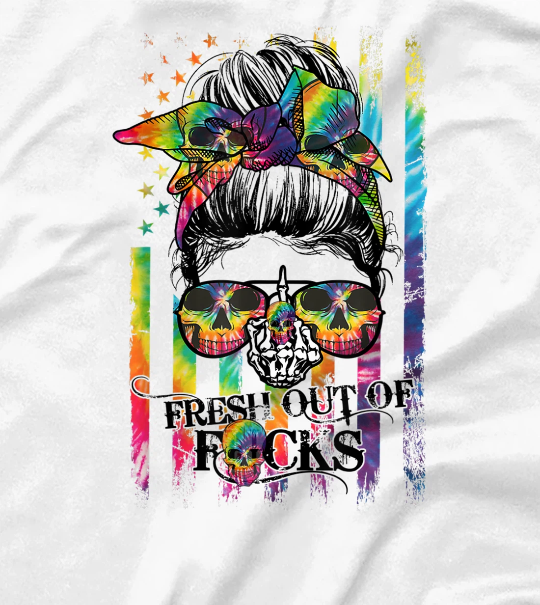 Womens Tie Dye Skull Messy bun T-Shirt, Women T-Shirt