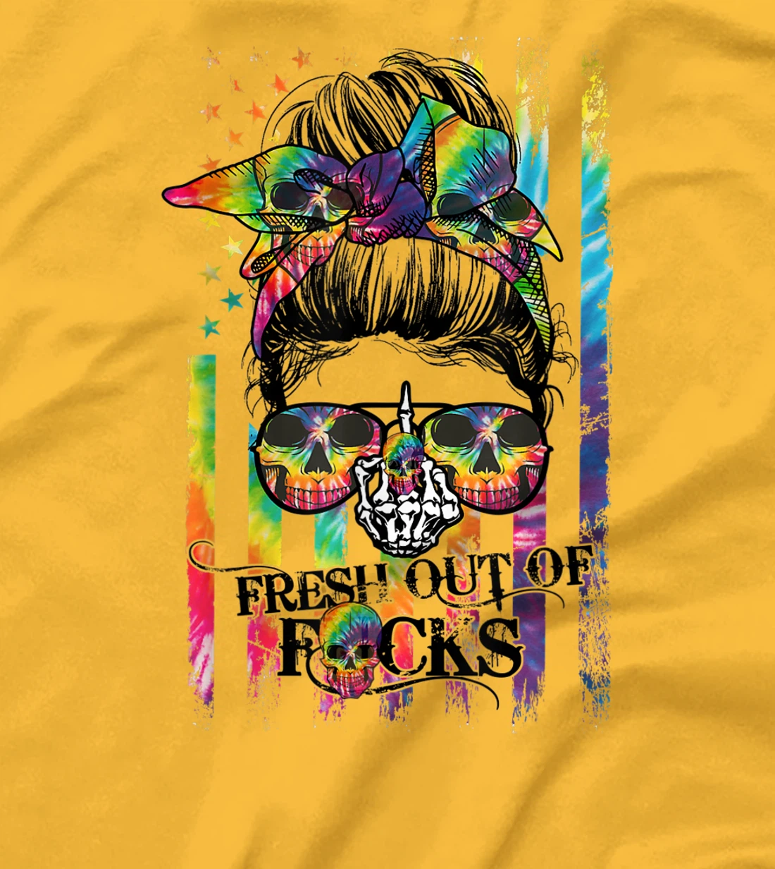 Womens Tie Dye Skull Messy bun T-Shirt, Women T-Shirt