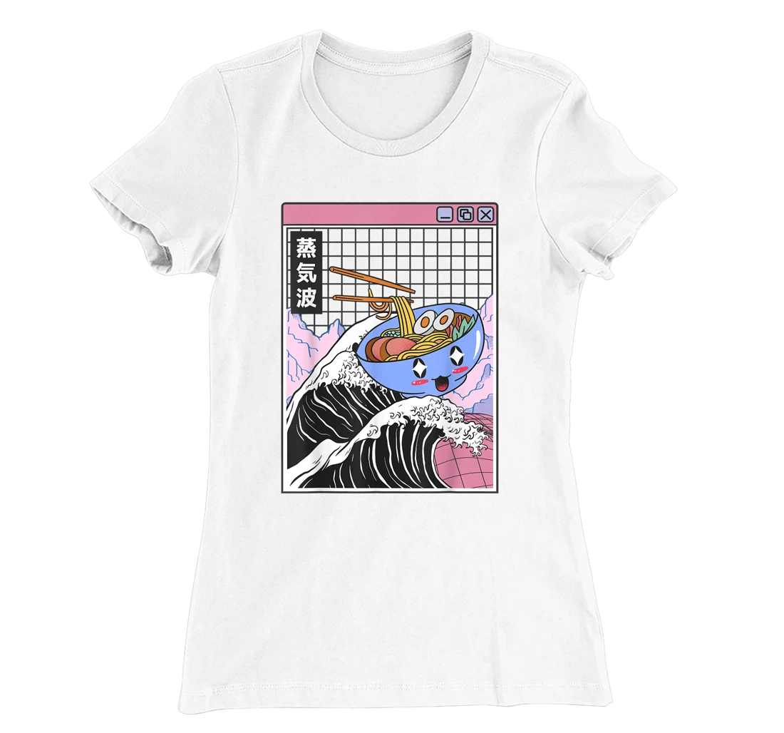 Womens Happy Ramen Bowl Kanagawa Wave Digital Anime 80s Vaporwave T-Shirt, Kid T-Shirt and Women T-Shirt