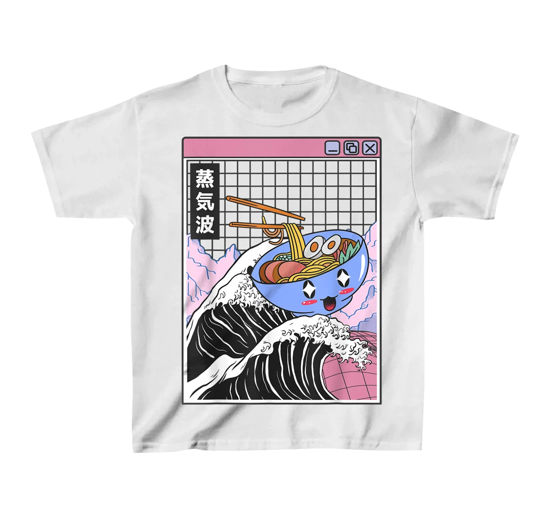 Womens Happy Ramen Bowl Kanagawa Wave Digital Anime 80s Vaporwave T-Shirt, Kid T-Shirt and Women T-Shirt