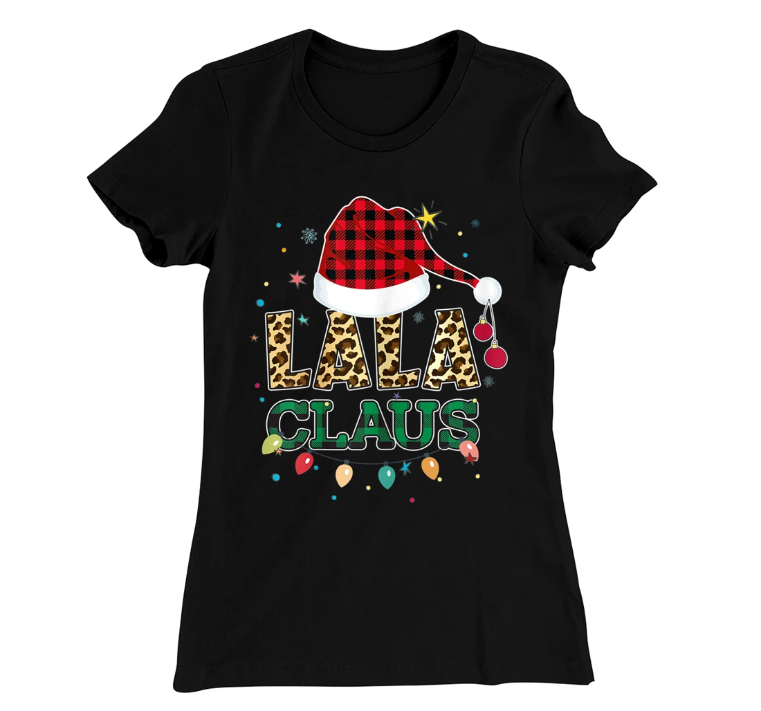 Lala Claus Santa Hat Grandma Lala Buffalo Leopard Print Xmas T-Shirt, Women T-Shirt