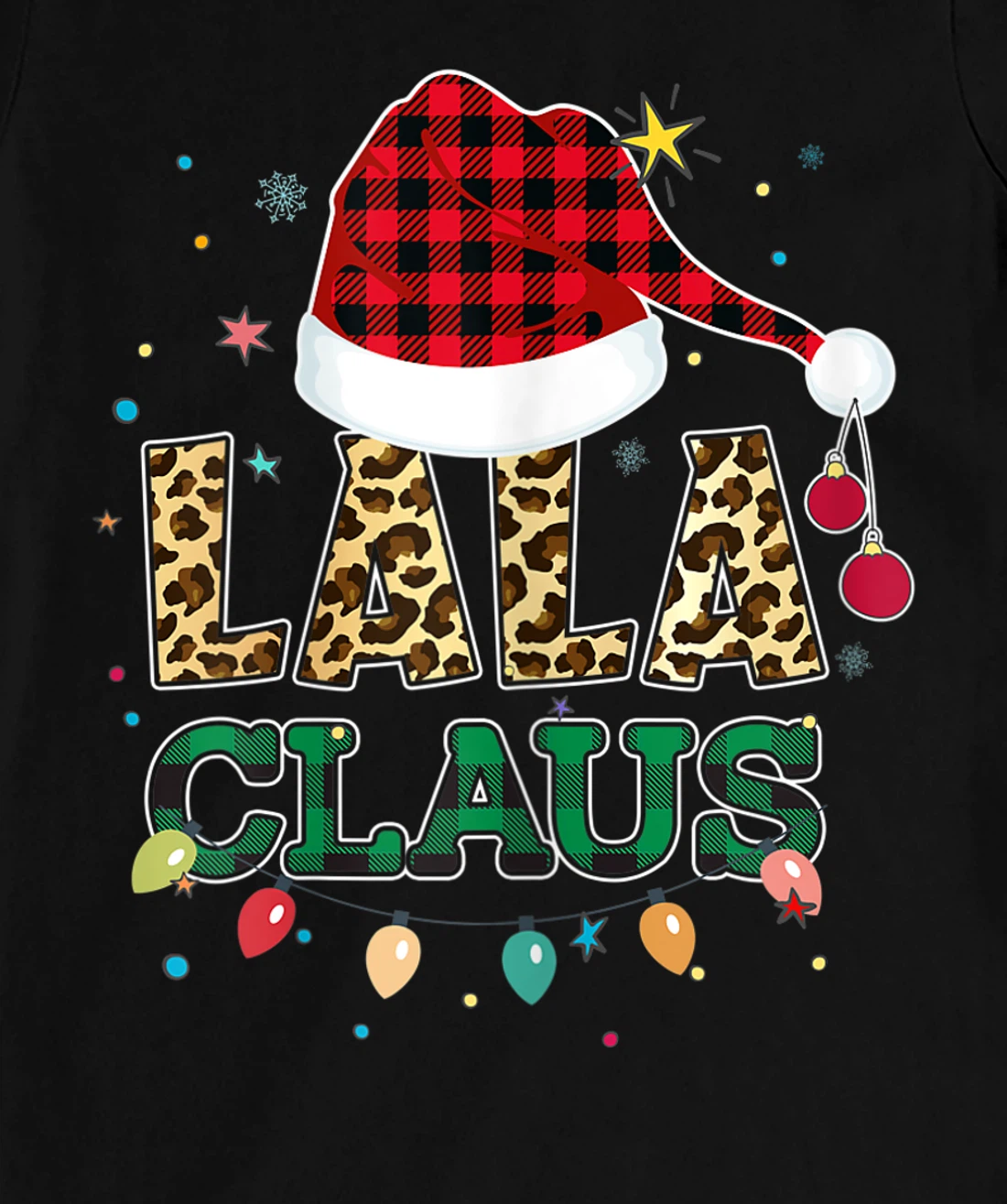 Lala Claus Santa Hat Grandma Lala Buffalo Leopard Print Xmas T-Shirt, Women T-Shirt