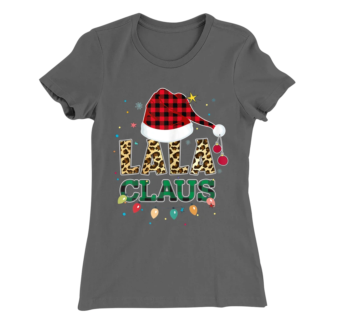 Lala Claus Santa Hat Grandma Lala Buffalo Leopard Print Xmas T-Shirt, Women T-Shirt