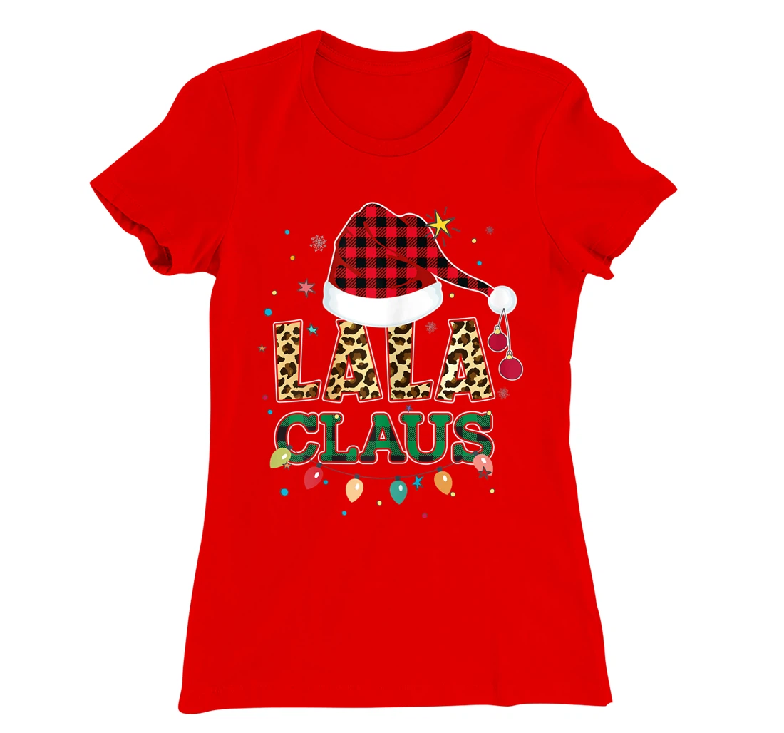 Lala Claus Santa Hat Grandma Lala Buffalo Leopard Print Xmas T-Shirt, Women T-Shirt