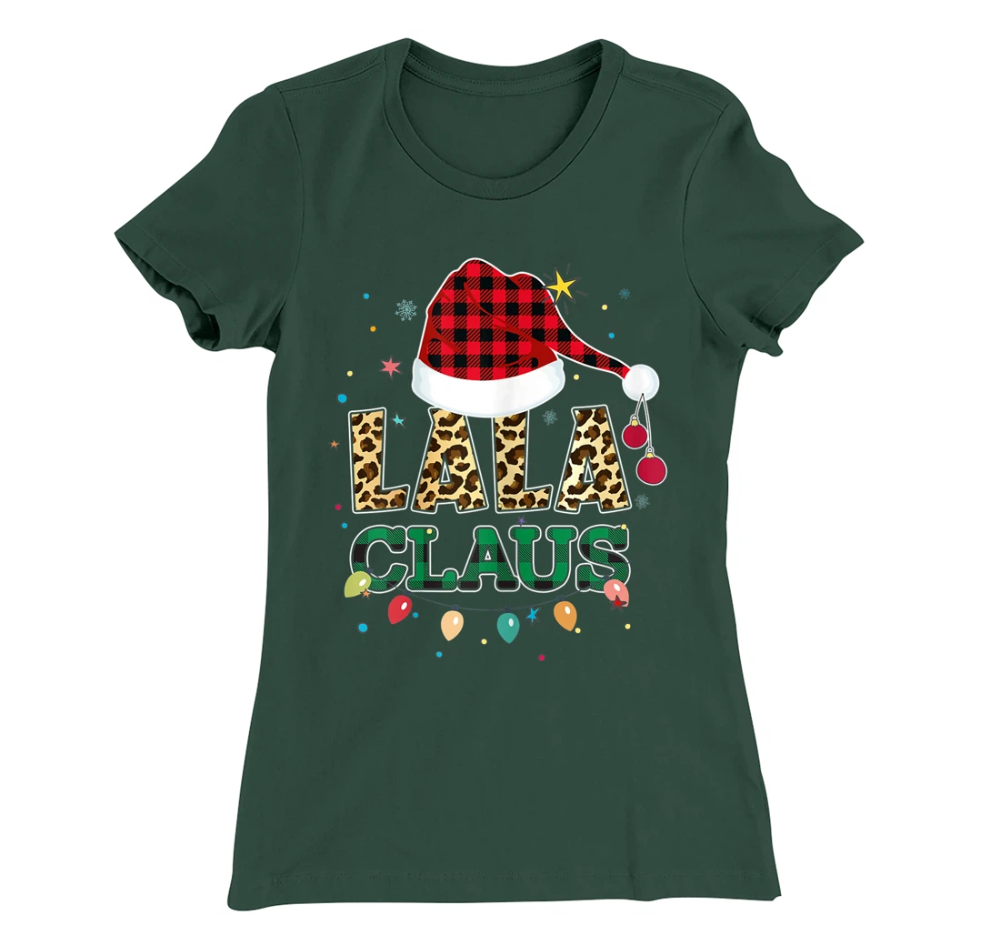 Lala Claus Santa Hat Grandma Lala Buffalo Leopard Print Xmas T-Shirt, Women T-Shirt