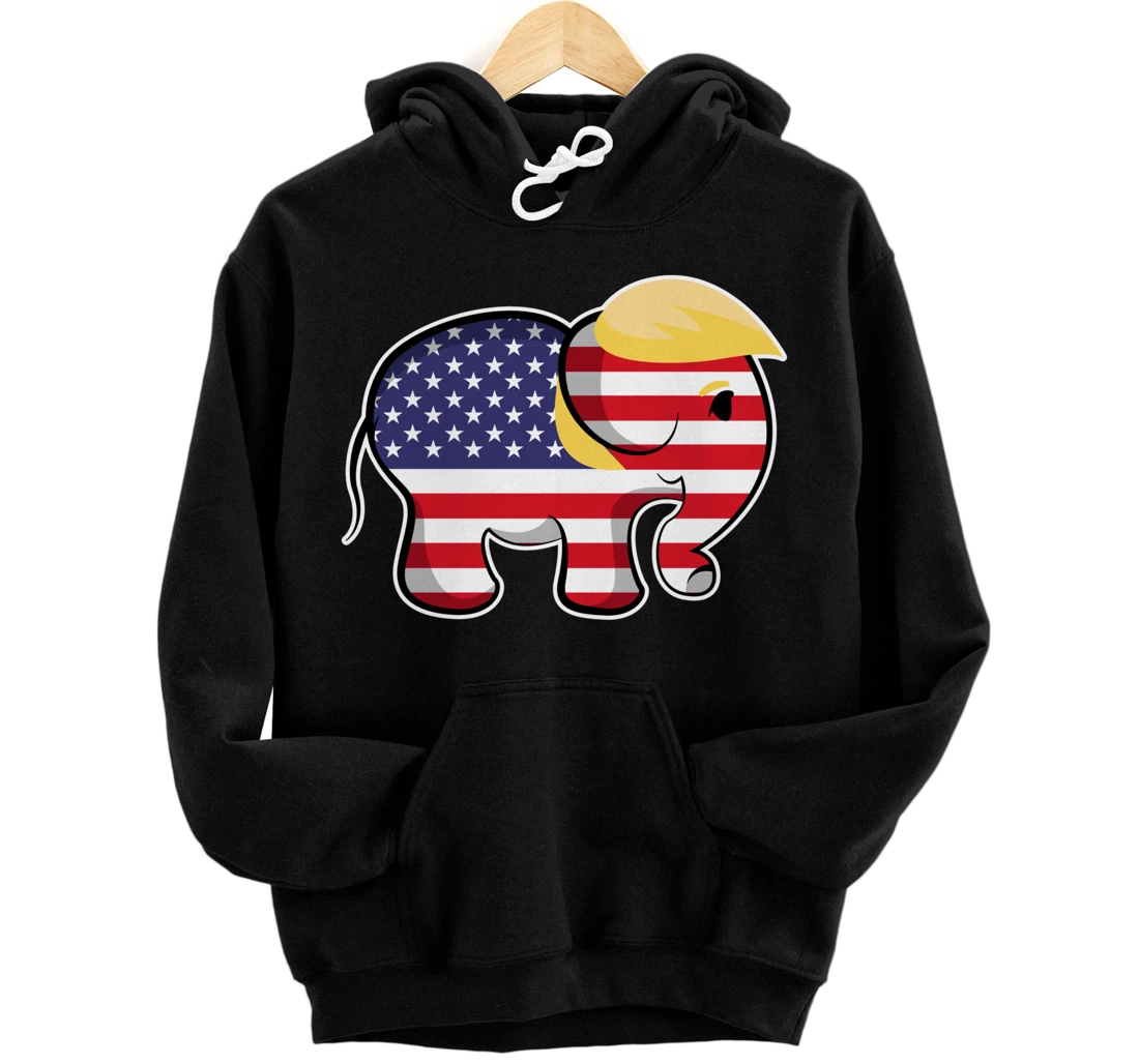 Pro Trump Hair Elephant Red White Blue Flag Republican Pullover Hoodie