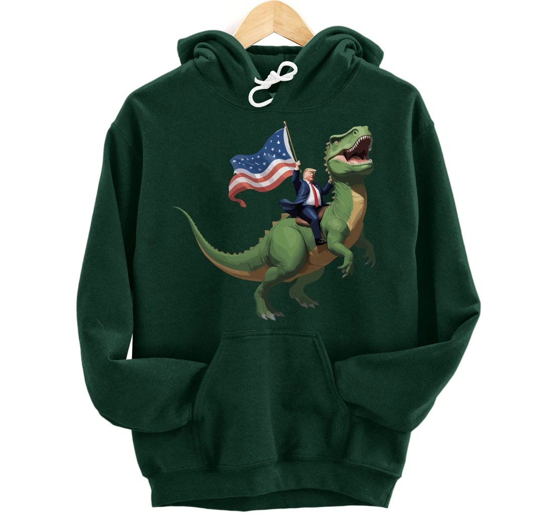 Trump Riding a Dinosaur USA Flag Take America Back 2024 Pullover Hoodie
