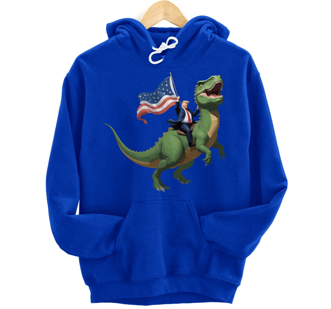 Trump Riding a Dinosaur USA Flag Take America Back 2024 Pullover Hoodie