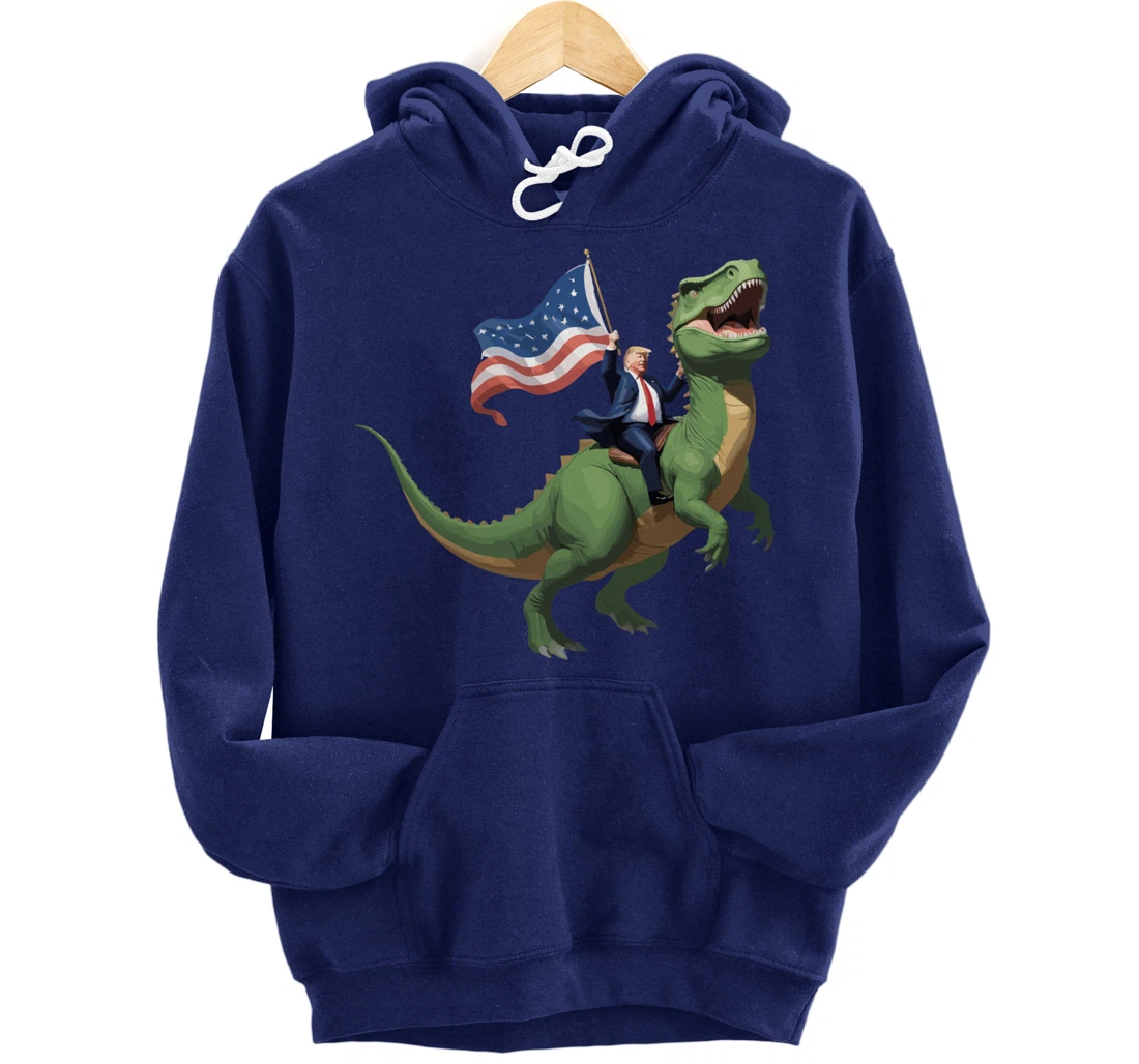 Trump Riding a Dinosaur USA Flag Take America Back 2024 Pullover Hoodie