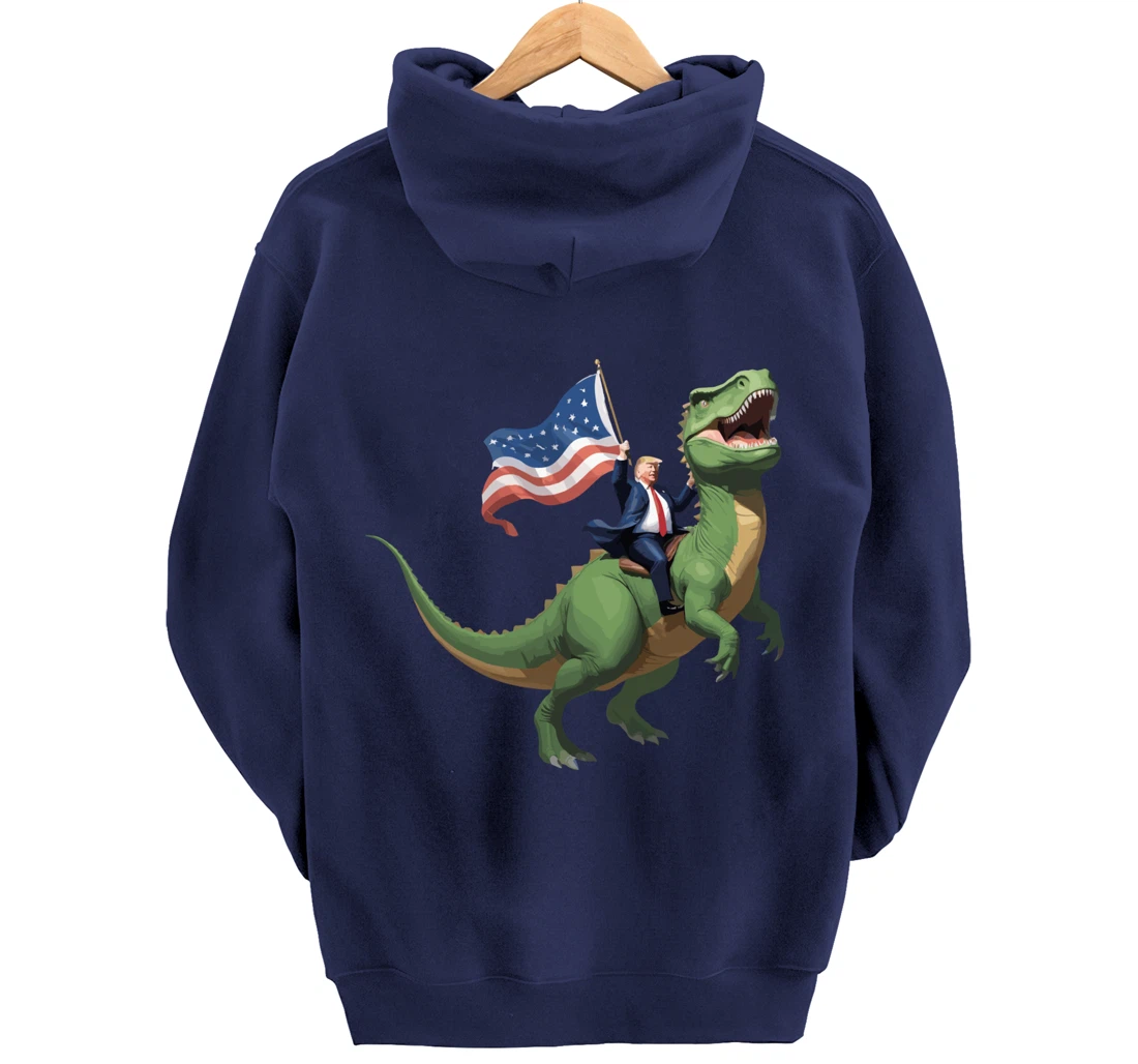 Trump Riding a Dinosaur USA Flag Take America Back 2024 Pullover Hoodie