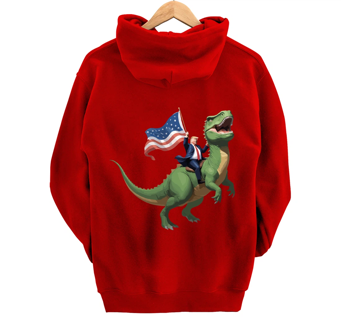 Trump Riding a Dinosaur USA Flag Take America Back 2024 Pullover Hoodie
