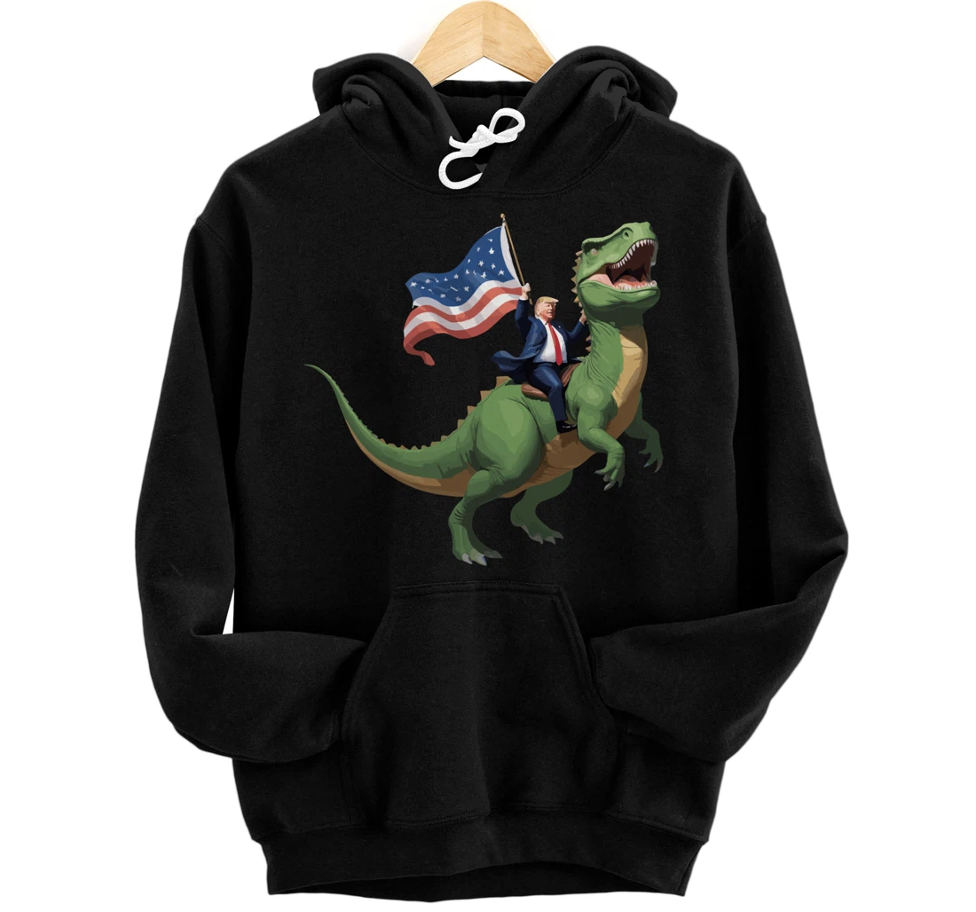 Trump Riding a Dinosaur USA Flag Take America Back 2024 Pullover Hoodie