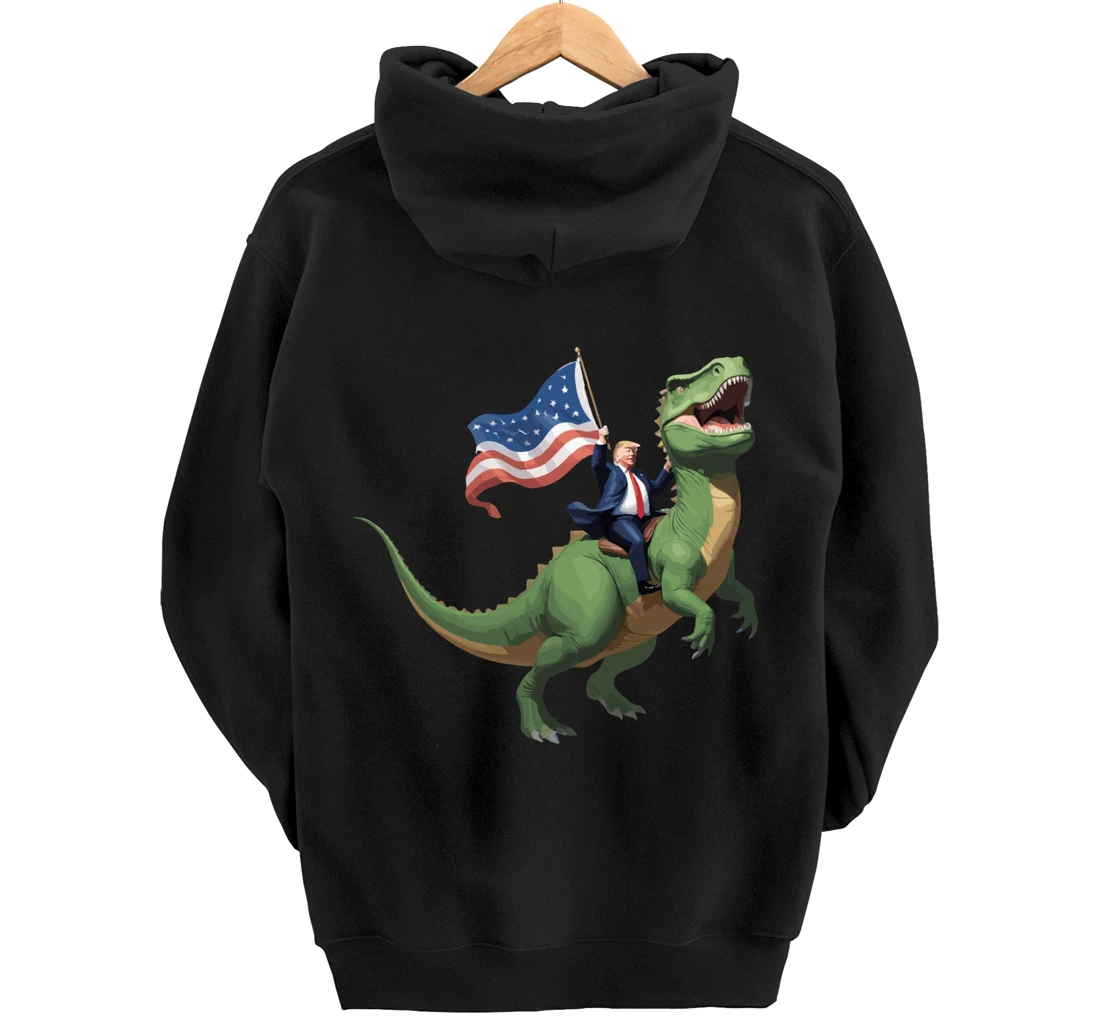 Trump Riding a Dinosaur USA Flag Take America Back 2024 Pullover Hoodie