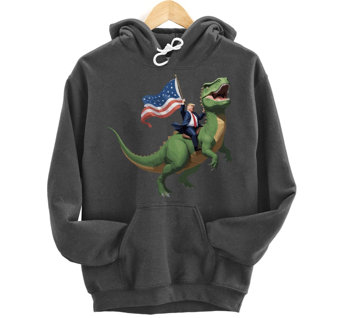 Trump Riding a Dinosaur USA Flag Take America Back 2024 Pullover Hoodie