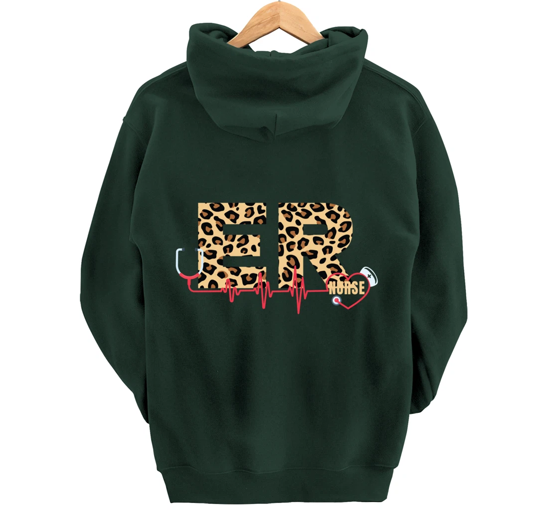 Funny Nursing Lover Leopard Graphic Women and Girls ER Nurse Pullover Hoodie