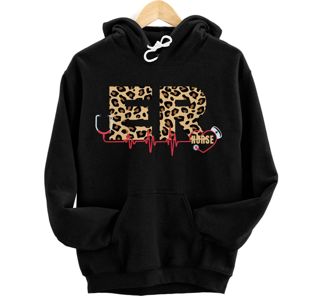 Funny Nursing Lover Leopard Graphic Women and Girls ER Nurse Pullover Hoodie