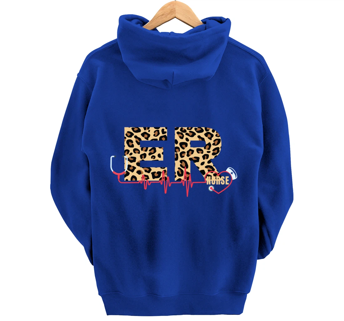 Funny Nursing Lover Leopard Graphic Women and Girls ER Nurse Pullover Hoodie