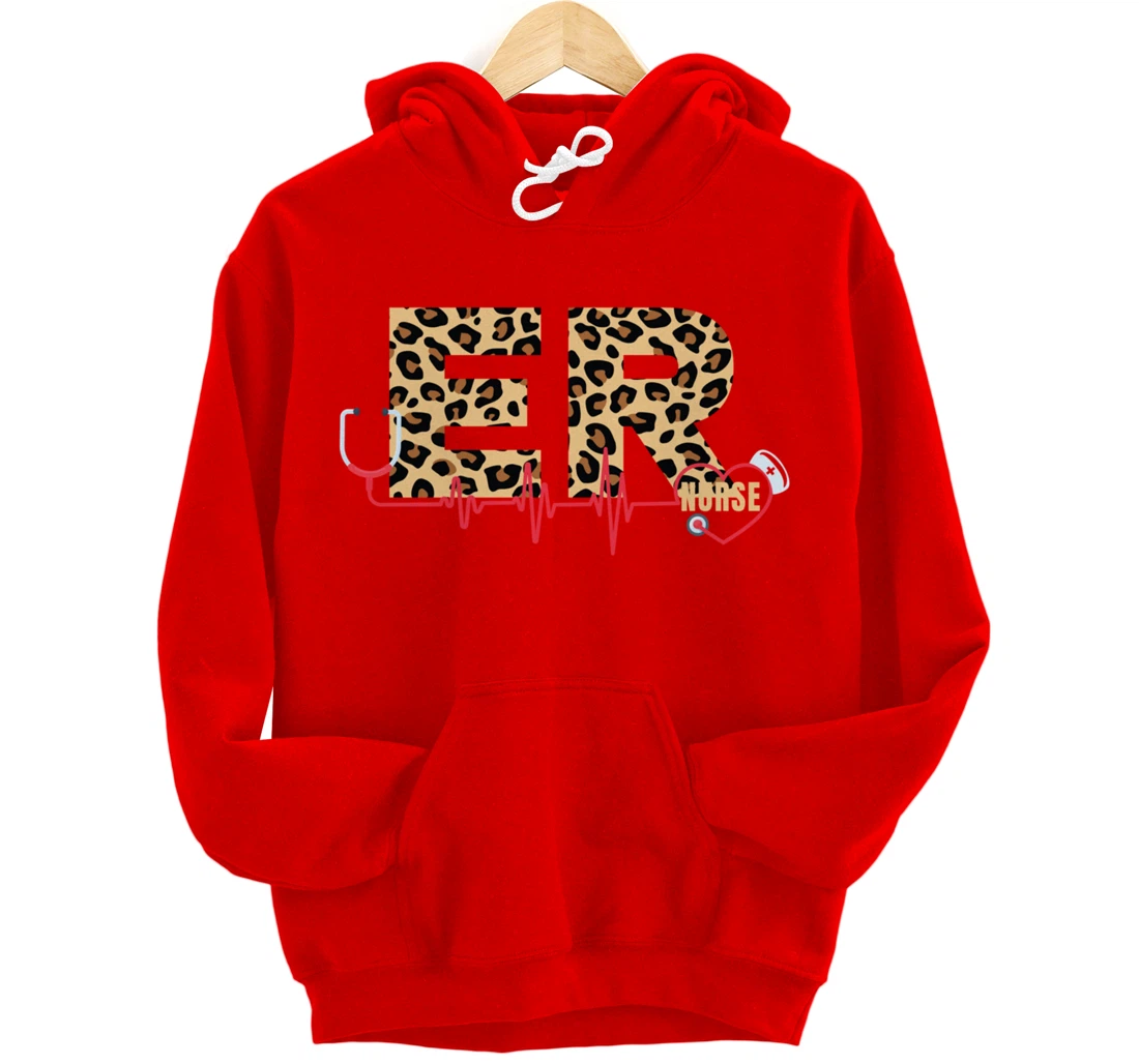 Funny Nursing Lover Leopard Graphic Women and Girls ER Nurse Pullover Hoodie