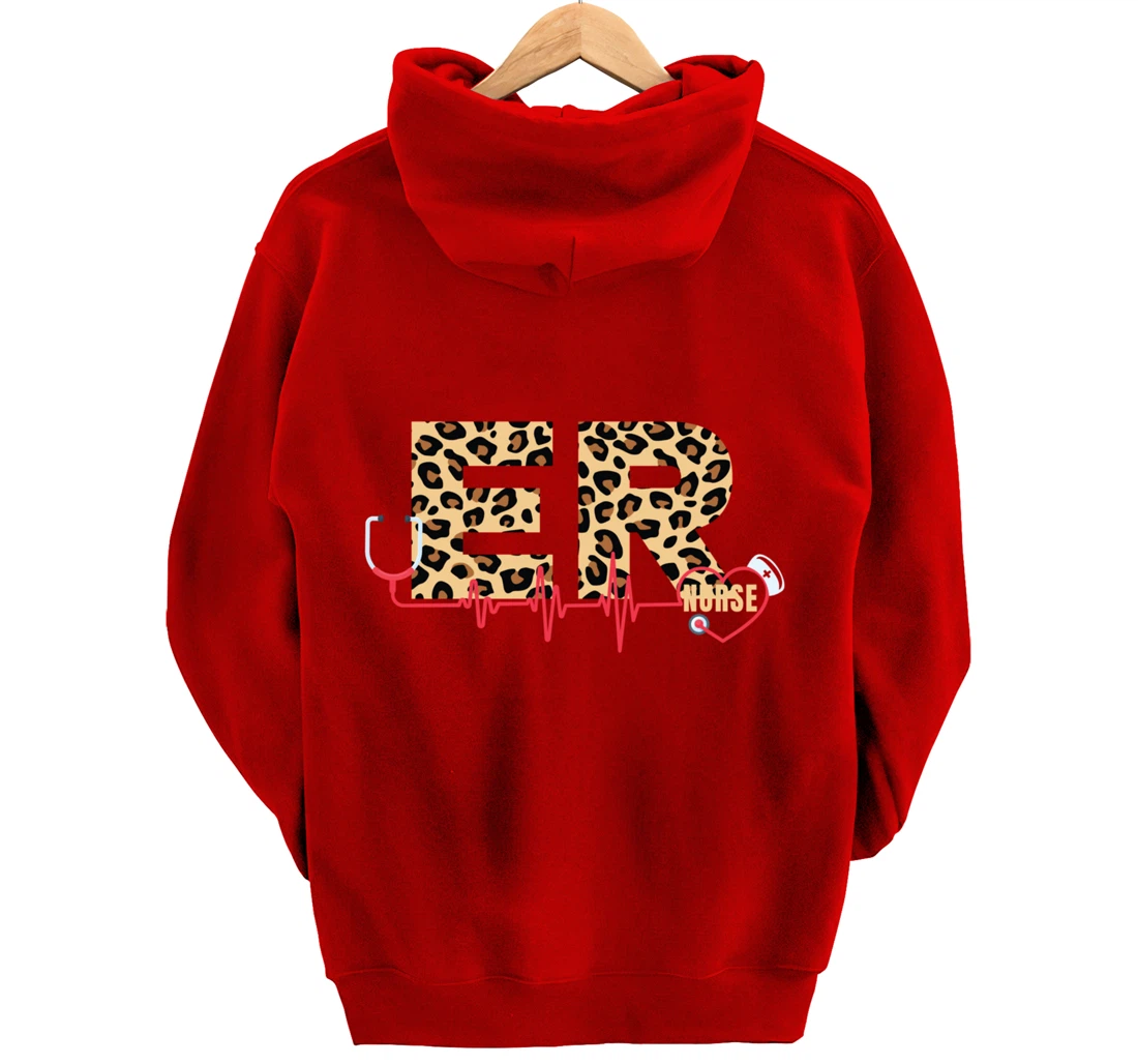 Funny Nursing Lover Leopard Graphic Women and Girls ER Nurse Pullover Hoodie