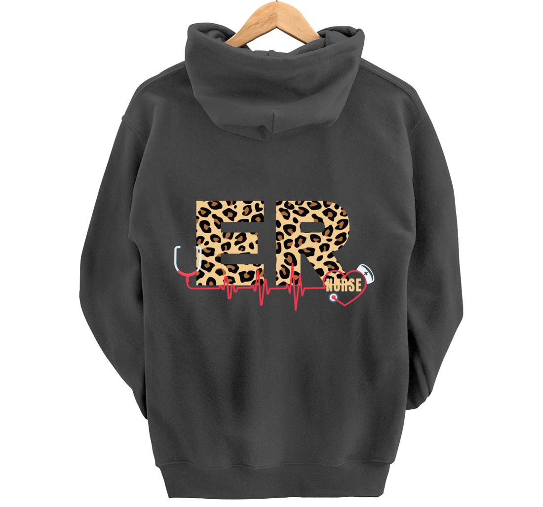 Funny Nursing Lover Leopard Graphic Women and Girls ER Nurse Pullover Hoodie