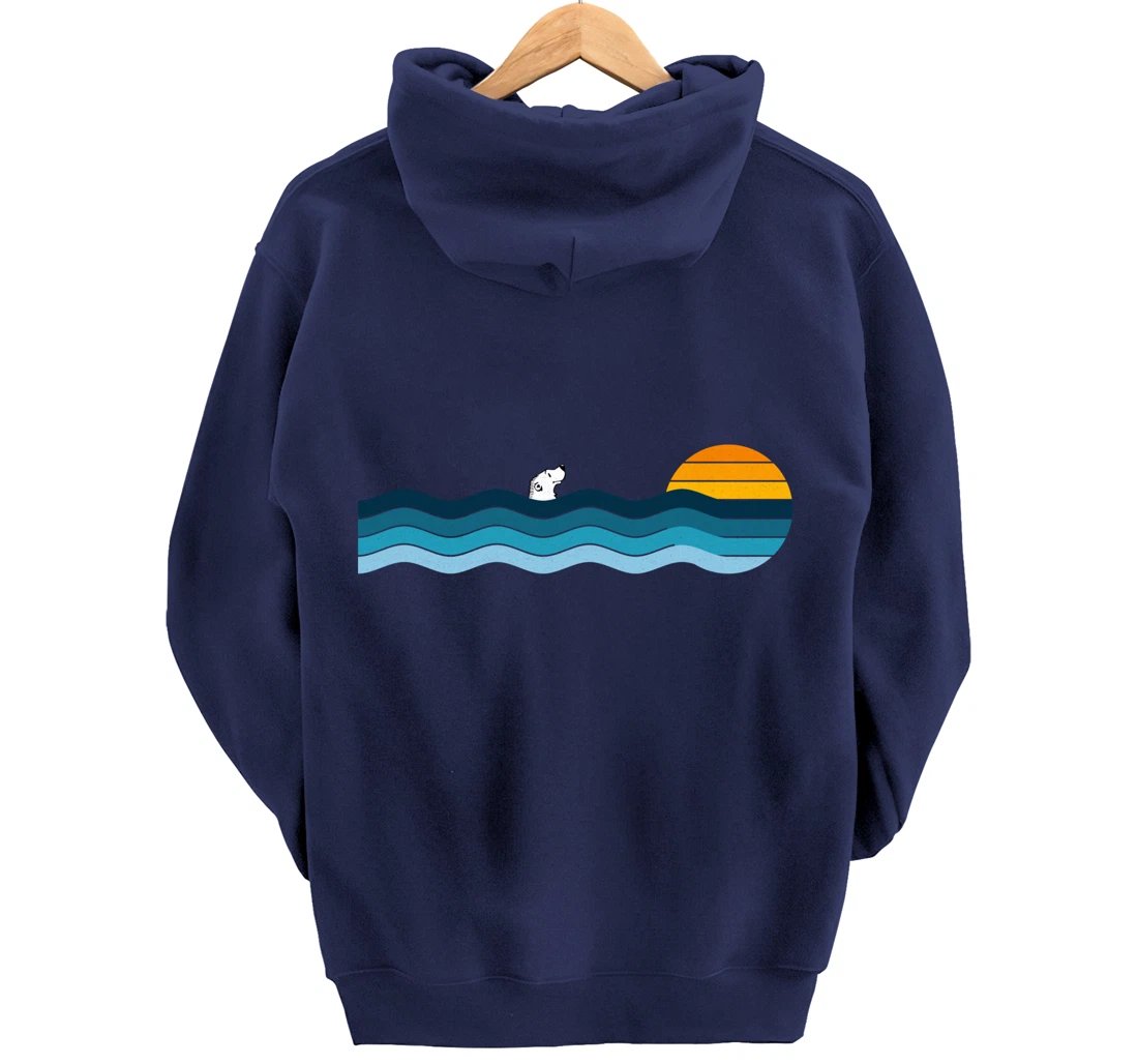 Polar Bear Alone In The Ocean - Vintage Retro Sunset Pullover Hoodie